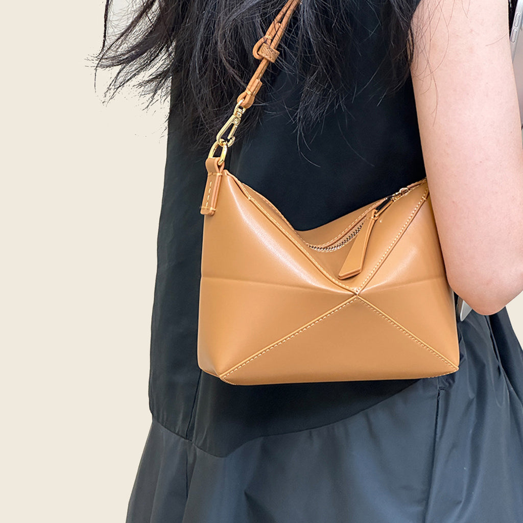 Geometric stitching genuine leather crossbody bag | Women's minimalist Hobo shoulder bag