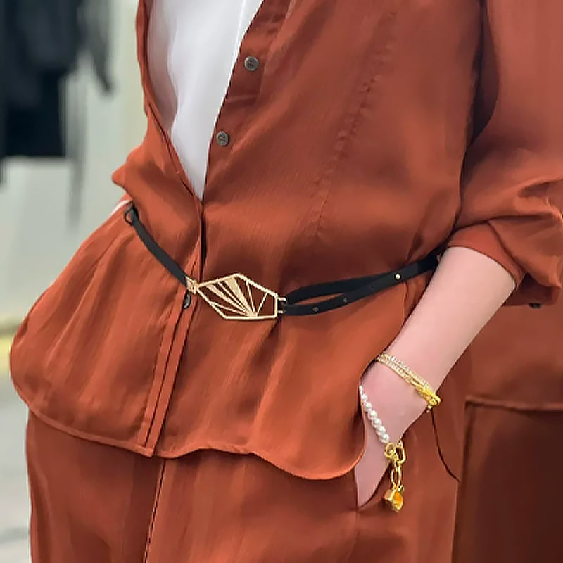 Geometric gold buckle leather | Minimalist thin waistband for dresses