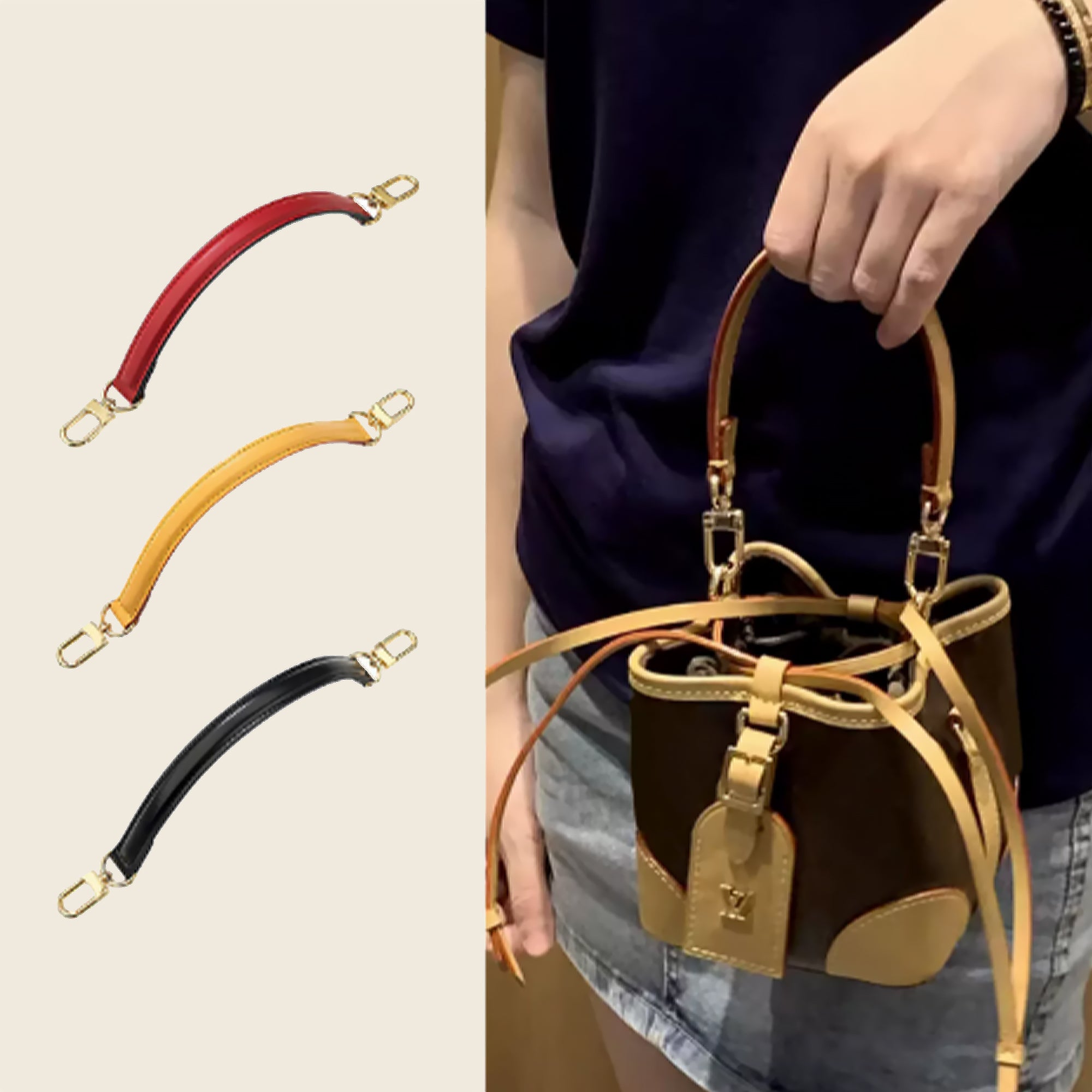 Genuine Leather Replacement Top Handle for LV Noé Purse / Bucket Bag - Adjustable Short Handbag Strap with Gold Clasps
